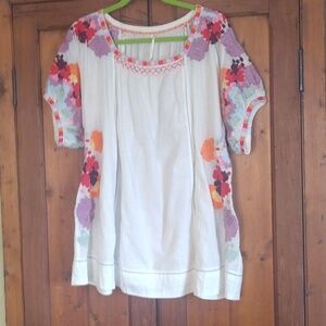 Anthropologie White Boho Floral Multicolored Embroidered Beach Tunic L